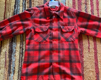 Vintage Pendleton Red Plaid Checkered Button Down Wool Flannel Shirt Made in USA