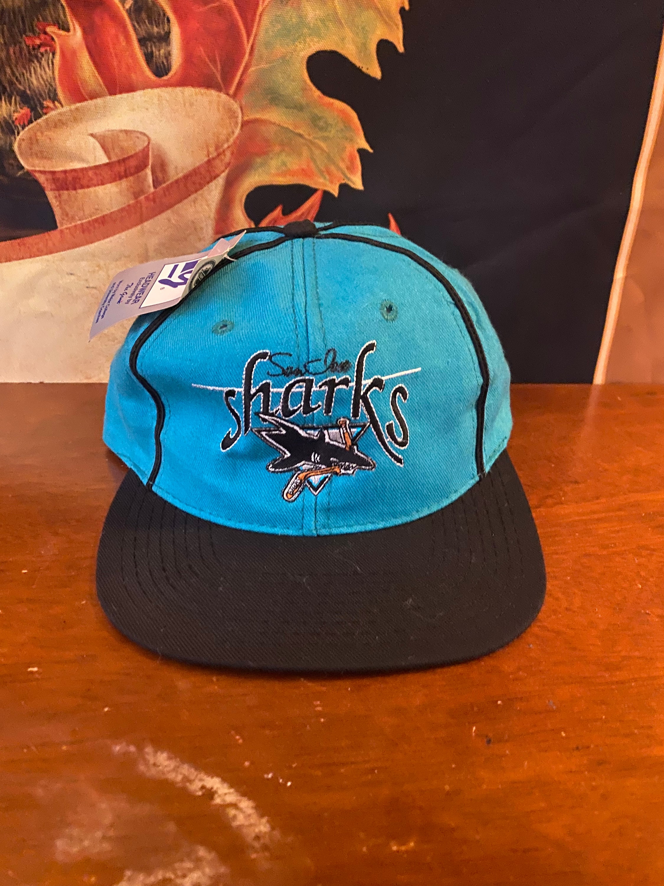 Vintage 90s San Jose Sharks Starter Snapback Hat Cap NHL Hockey Black Blue
