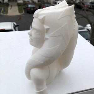 May include: White 3D printed bust of a fictional character with intricate details on the hair and clothing. The bust is posed in a side profile.