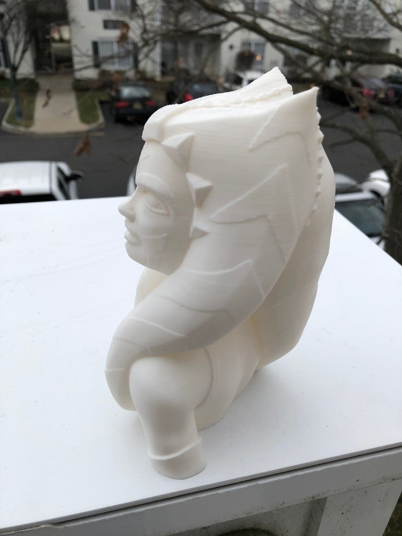 May include: White 3D printed bust of a fictional character with intricate details on the hair and clothing. The bust is posed in a side profile.