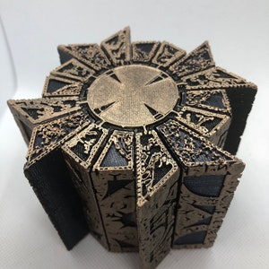 Painted Hellraiser Inspired Functional Puzzle Box Lament Configuration, Black with Antique Gold Rub, made of PLA image 9