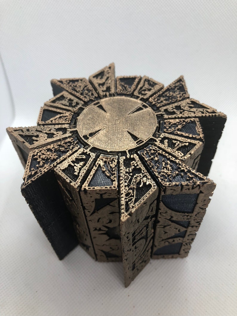 Painted Hellraiser Inspired Functional Puzzle Box Lament Configuration, Black with Antique Gold Rub, made of PLA image 9