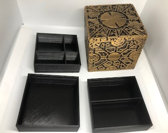 Painted Hellraiser Inspired Lament Configuration Jewelry Box, PLA Black with Antique Gold, black trays