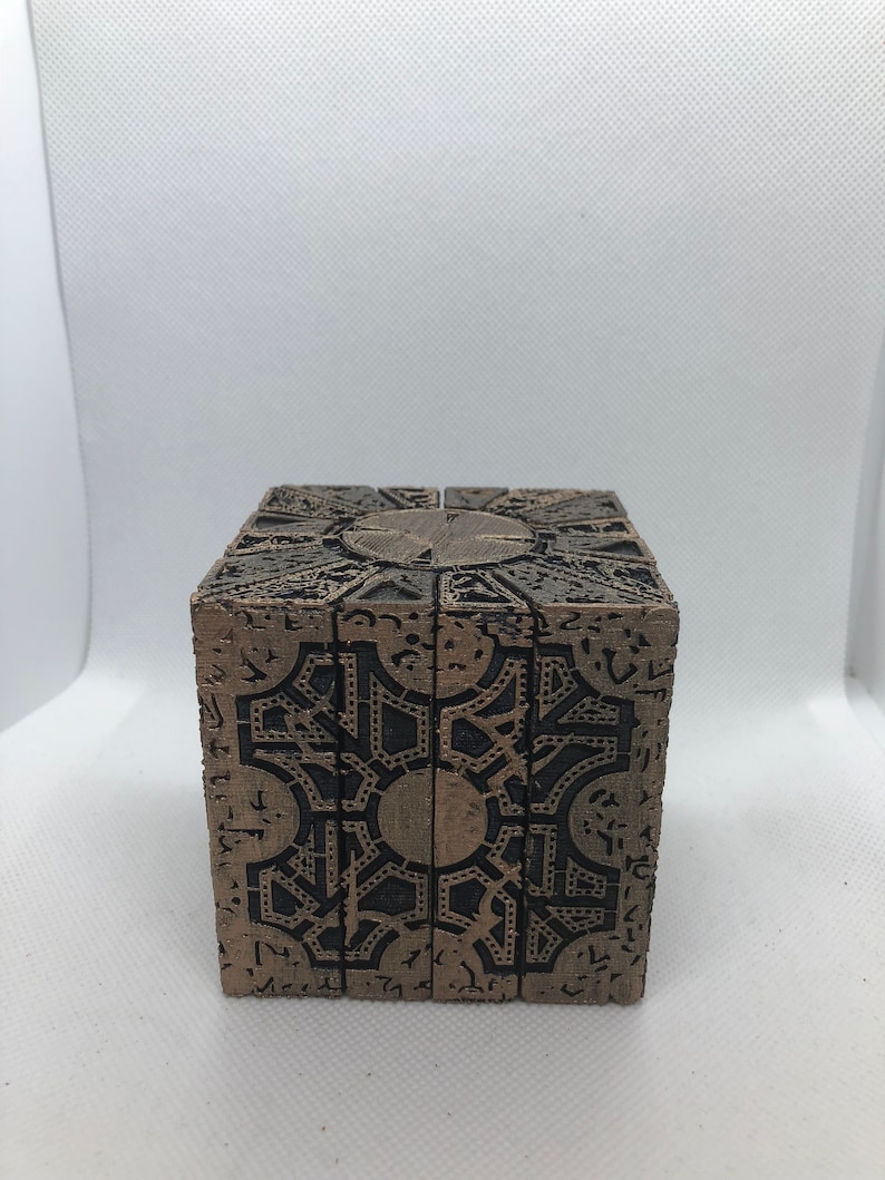 Painted Hellraiser Inspired Functional Puzzle Box Lament Configuration, Black with Antique Gold Rub, made of PLA image 3