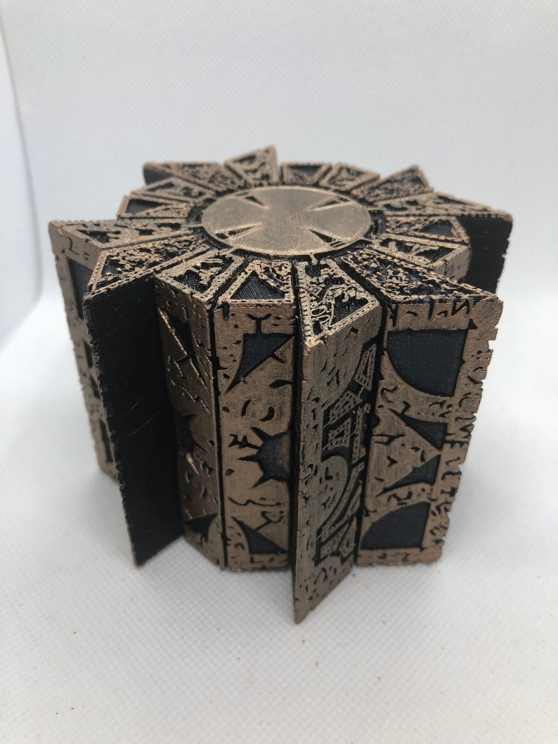 Painted Hellraiser Inspired Functional Puzzle Box Lament Configuration, Black with Antique Gold Rub, made of PLA image 10