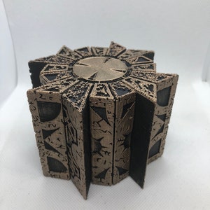 Painted Hellraiser Inspired Functional Puzzle Box Lament Configuration, Black with Antique Gold Rub, made of PLA image 7