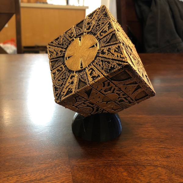 Painted Hellraiser Inspired Puzzle Box Lament Configuration Black with Gold Paint, with Stand, made of PLA