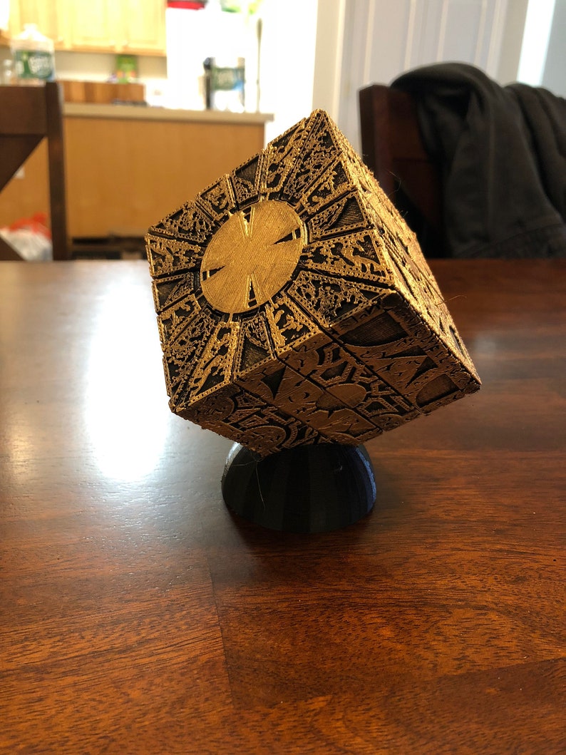 Painted Hellraiser Inspired Functional Puzzle Box Lament Configuration (Movie Replica 1:1, Black with Antique Gold Rub, PLA) WITH STAND