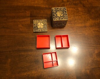 Painted Hellraiser Inspired PLA Lament Configuration Jewelry Box (Black With Antique Gold Rub, Red Trays)