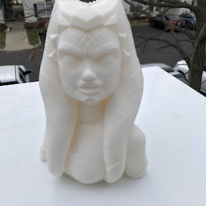 May include: White 3D printed bust of a woman with a detailed face and hair. The bust is on a white surface.