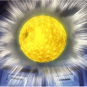 May include: A glowing yellow sphere with a geometric pattern, radiating bright white light. The sphere is centered, with light beams extending outwards against a blue and white background, creating a dynamic, energetic visual.