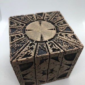 Painted Hellraiser Inspired Functional Puzzle Box Lament Configuration, Black with Antique Gold Rub, made of PLA image 8