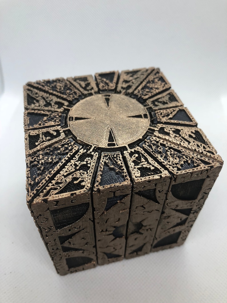 Painted Hellraiser Inspired Functional Puzzle Box Lament Configuration, Black with Antique Gold Rub, made of PLA image 8