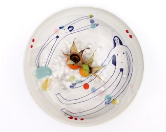 Handmade wheel-thrown illustrated ceramic bowl