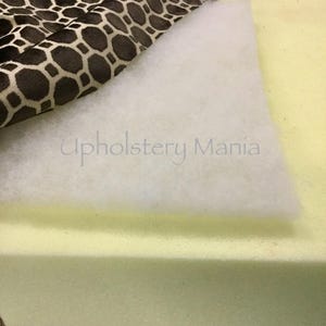 May include: A close-up of upholstery supplies, including a piece of brown and white patterned fabric, a white batting layer, and a thick, light yellow foam cushion. The text "Upholstery Mania" is visible in the image.