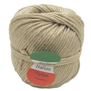 May include: A ball of beige Italian twine, tightly wound and secured with a label. The label features the text "Italian Twine" in a decorative font, with green and red accents. Ideal for crafting and packaging.