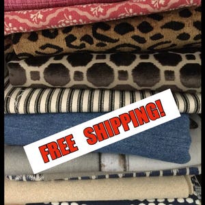 May include: A stack of fabric swatches in various patterns and colors, including leopard print, stripes, and floral designs. The top swatch has a red "FREE SHIPPING!" label.