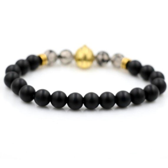 IzuBizu London Mens 18CT Gold Plated Warrior Head Black White Pattern Beads Helmet Bracelet Lava Stone Gladiator Luxury Gift Box