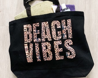 Beach Vibes Tote Bag, XL beach bag, Bachelorette Party Gift, Leopard Print, Vacation essentials, Girls Trip swag, beach essentials, custom