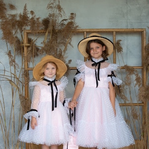 Long Sleeves Polka Dot Tulle Wedding Flower Girl Dress Princess Birthday Party Dress Kids Dress