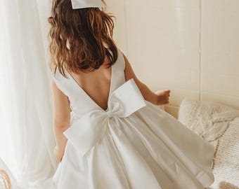 Abito da sposa in raso avorio con scollo a V e schiena scoperta, abito da principessa per feste di compleanno, abito per bambini/abito per neonata/abito da battesimo