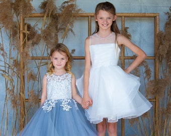 Dusty Blue Tulle Ivory Lace Wedding Flower Girl Dress Princess Birthday Party Dress Kids Dress Little Girl Dress