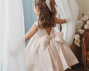 Champagne Bridal Satin V Back Wedding Flower Girl Dress Princess Birthday Party Dress Kids Dress/Baby Girl Dress/Baptism Dress