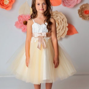 Low Back Ivory Lace Champagne Tulle Wedding Flower Girl Dress Baby Girl Dress Kids Birthday Party Dress