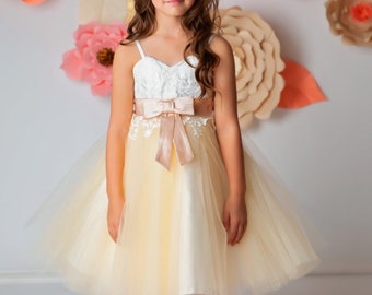 Dos bas dentelle ivoire tulle champagne mariage robe de fille de fleur robe bébé fille robe de fête d'anniversaire pour enfants