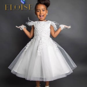 Vintage Beaded Lace Tulle Feathers Wedding Flower Girl Dress / Princess Birthday Party Dress/Kids Dress/Little Girl Dress