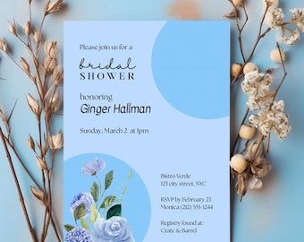 Blue Floral Bridal Shower Invitation | Editable Canva Template | Easy To Edit | Instant Download Invite