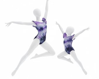 Leotardo morado con mangas acampanadas y estampado tie-dye, para gimnasia, ballet y danza para niñas, hecho a mano en EE. UU.