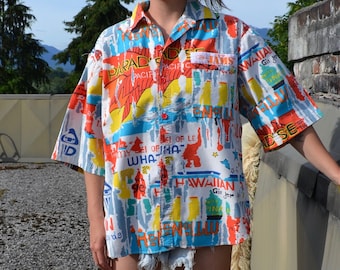 Vintage 80s Original JAMS Surf Line Short Sleeve Button Up T Shirt - 1980s Hawaii Jams Shirt - Size Large