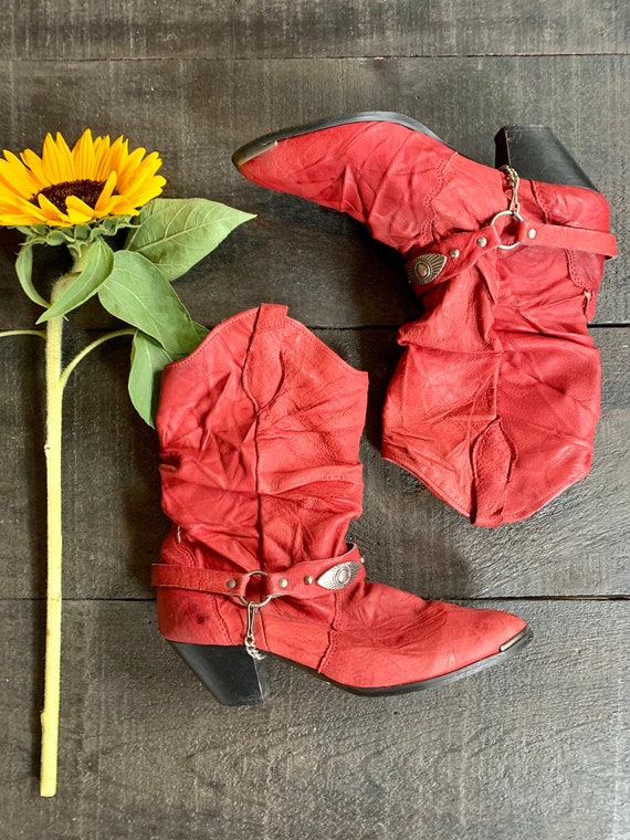 Vintage 80s/90s Red Leather Cowboy Boots with Ankl
