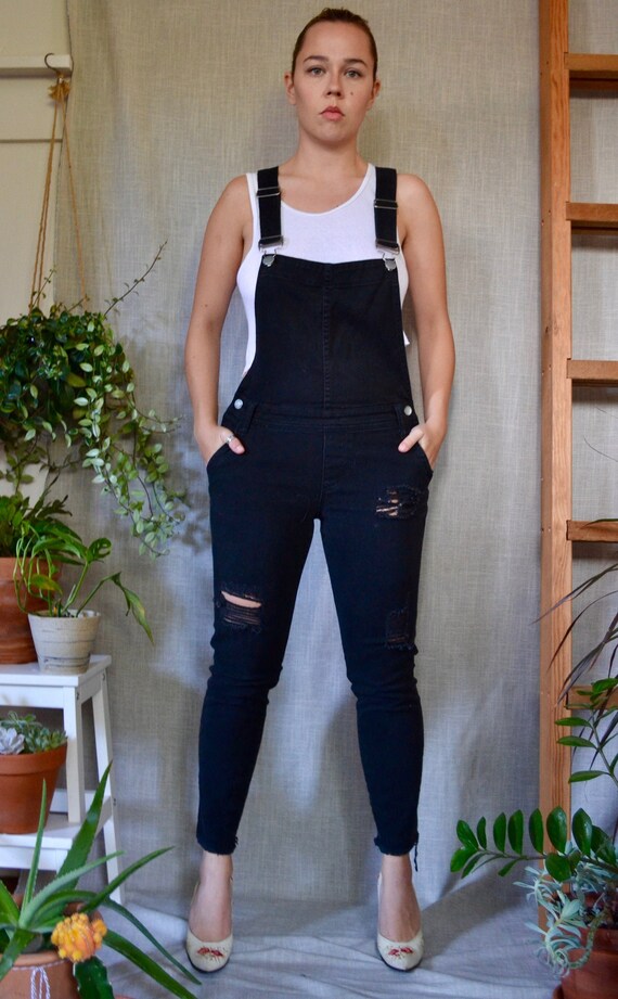 Vintage Black Denim Tattered Overalls/Suspender Je