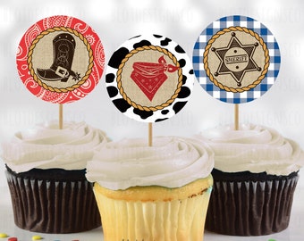 Western Cowboy Rodeo Cupcake Toppers, Printable Cowboy Stickers, Western Cowboy party Cupcake Circles, Cowboy Party Decorations