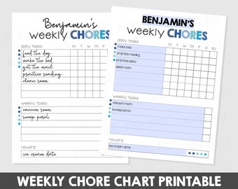 May include: Printable chore chart for a child named Benjamin. The chart has a blue and white color scheme and includes daily and weekly tasks with a space for a reward. The reward is listed as "ice cream date".