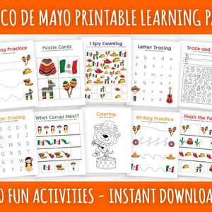 Planilhas de atividades para impressão de Cinco De Mayo, pacote de atividades Fiesta para o jardim de infância pré-escolar, pacote de pastas de aprendizagem