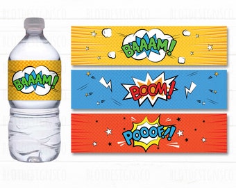 PRINTABLE Superhero Comics Water Bottle Label, Superhero Water Labels, Superhero Water Wrap, Superhero Birthday Party Printables