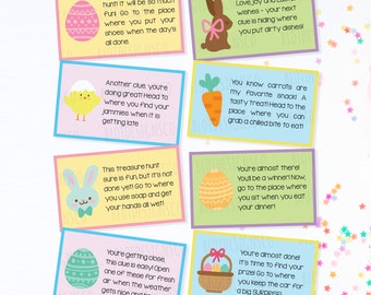 May include: Eight colorful Easter egg hunt clue cards with bunny, chick, and carrot illustrations. Each card has a different clue written on it, such as "Let's go on a treasure hunt! It will be so much fun! Go to the place where you put your shoes when the day's all done."