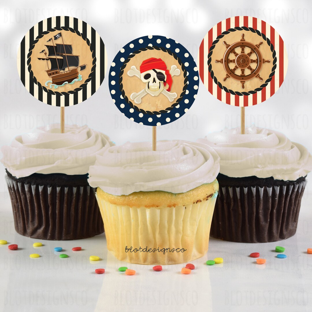 Pirate Cupcake Toppers, Printable Pirate Skull Stickers, Pirate Ship ...