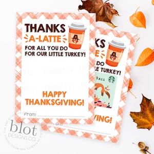 Porte-carte-cadeau de Thanksgiving IMPRIMABLE, Carte de remerciement du personnel de baby-sitter de la garderie enseignante, Carte d’amoureux du café, Cadeau Starbucks Dunkin Donuts