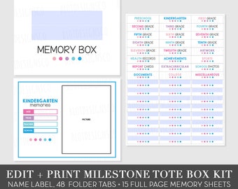 Editable PDF Memory Box Kit Tote Labels, School File Organization Kit, Kids School File Box, Baby Memory Box, DIY School Memory Box Kit