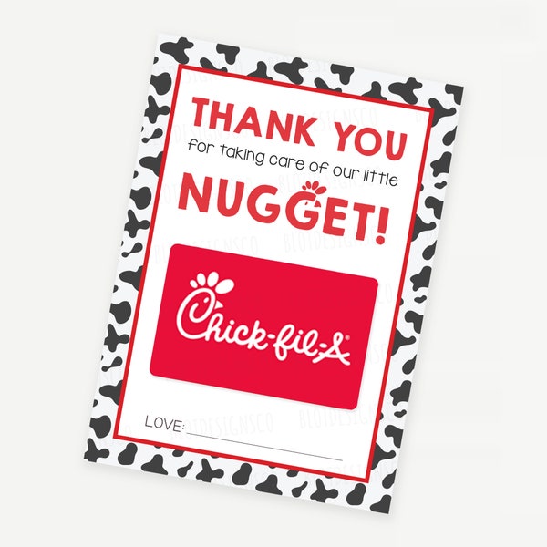 Titular de la tarjeta de regalo de agradecimiento al maestro Chick-fil-A, gracias por cuidar de nuestro pequeño nugget de pollo, titular de la tarjeta de regalo del restaurante