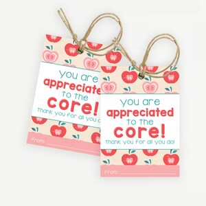 Teacher Appreciation Gift Tag, You Are Appreciated to the Core Tag Printable, Teacher Day Cookie Labels, End of the Year Gift for Teacher