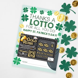 Thanks a Lotto Rubbelspiel Halter Printable St. Patrick's Day Lotterie, Lehrer Kunde Chef Mitarbeiter Mitarbeiter Anerkennung Danke Geschenk