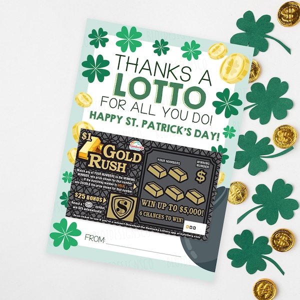 Thanks a Lotto Scratch off game Holder Printable St. Patrick's Day Lottery, Teacher Customer Boss Staff Employee Appreciation Thank You Gift