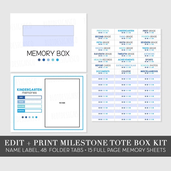 Editable PDF School File Organization Kit, Memory Box Labels Stickers Labels, Kids School DIY Milestone Tote Box, Baby School File Memory