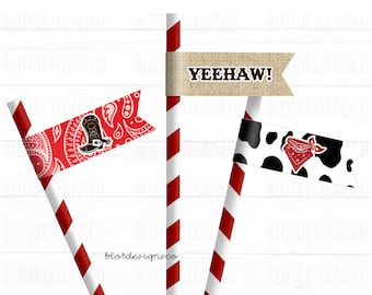 Western Cowboy Rodeo Straw Flags, Printable Cowboy Stickers, Western Cowboy party printable, western cowboy straws, Cowboy Party Decorations