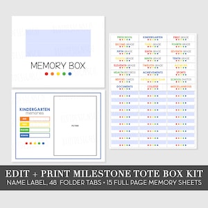 Ganzseiten Memory Box Kit, Memory Box Etiketten Aufkleber, bearbeitbare PDF Meilenstein Tote Labels, Kinder Schule Datei Box, DIY Baby Memory Box Kit